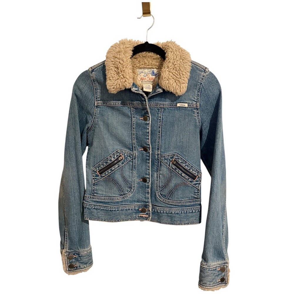 Hollister Snow Bunny Denim Jacket Womens Small Fur Collar Y2K